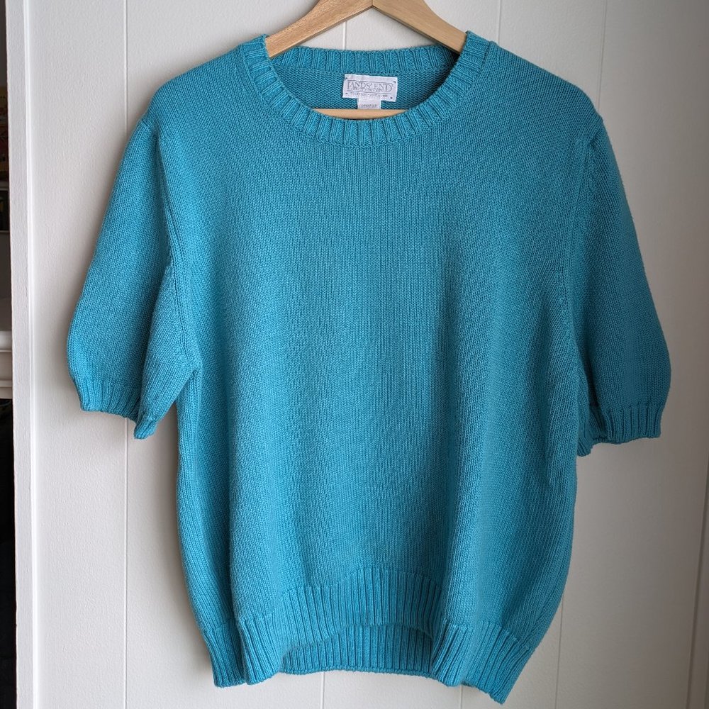 Land's End blue/turquoise short sleeve knit sweater, Size Large